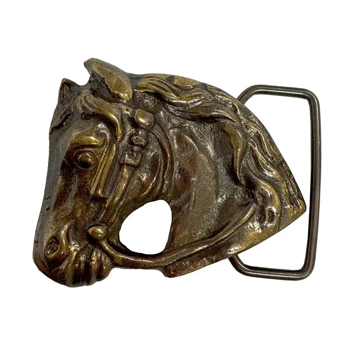Horse Head Belt Buckle, Antiqued Solid Brass