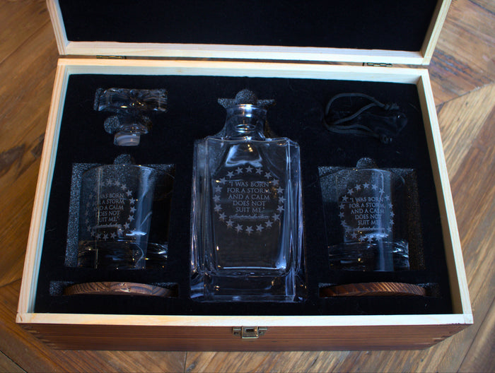 Born for a Storm Quote 2-Glass Decanter Set in Wooden Box