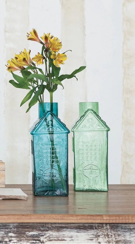 Pressed Glass House Shaped Vase, 2 Colors