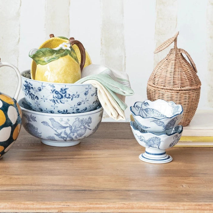 Hand-Stamped Stoneware Footed Bowl w/ Botanicals & Scalloped Edge