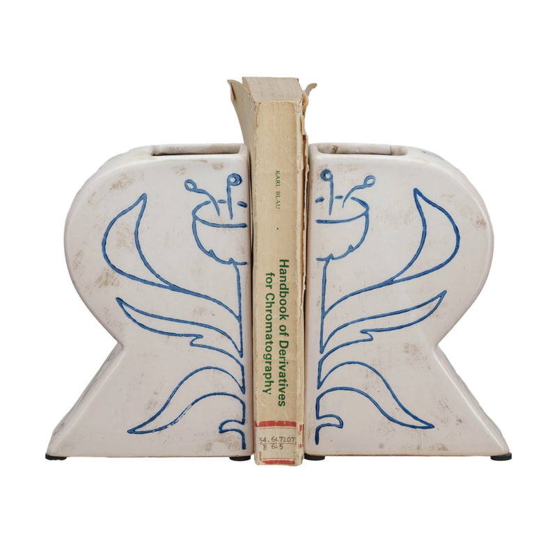 Terra-cotta Vases/Bookends w/ Hand-Painted Flower, Set of 2