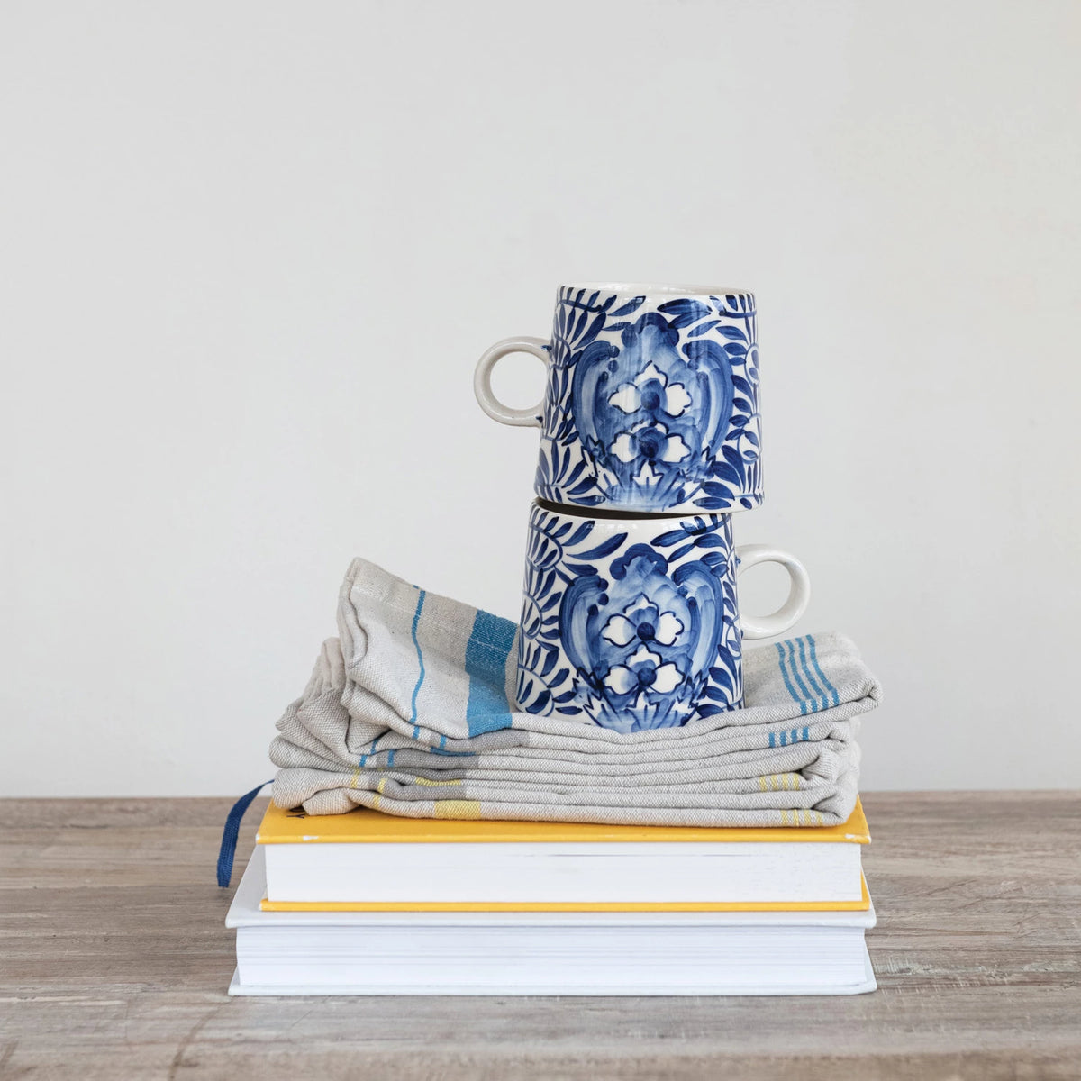 10 oz. Hand-Painted Stoneware Mug with Design, Cream Color & Blue