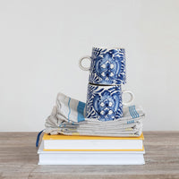 10 oz. Hand-Painted Stoneware Mug with Design, Cream Color & Blue