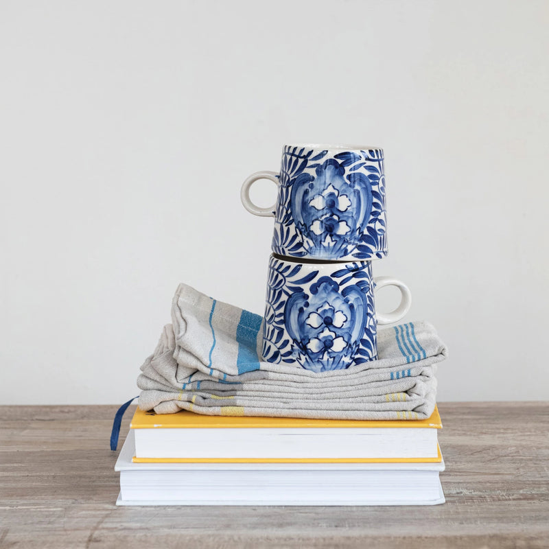 10 oz. Hand-Painted Stoneware Mug with Design, Cream Color & Blue