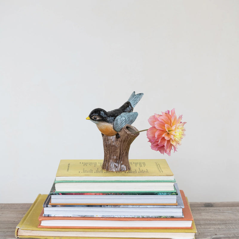 Hand-Painted Stoneware Bird on Log Shaped Vase