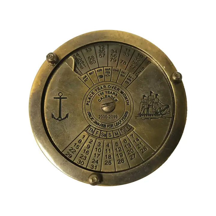 2-1/4" Antiqued Solid Brass Compass with 100-Year Calendar