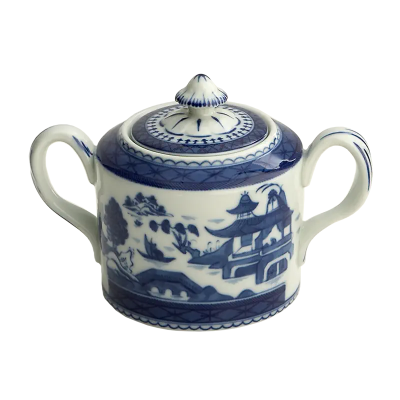 Blue Canton Porcelain Handled Sugar Bowl with Lid by Mottahedeh