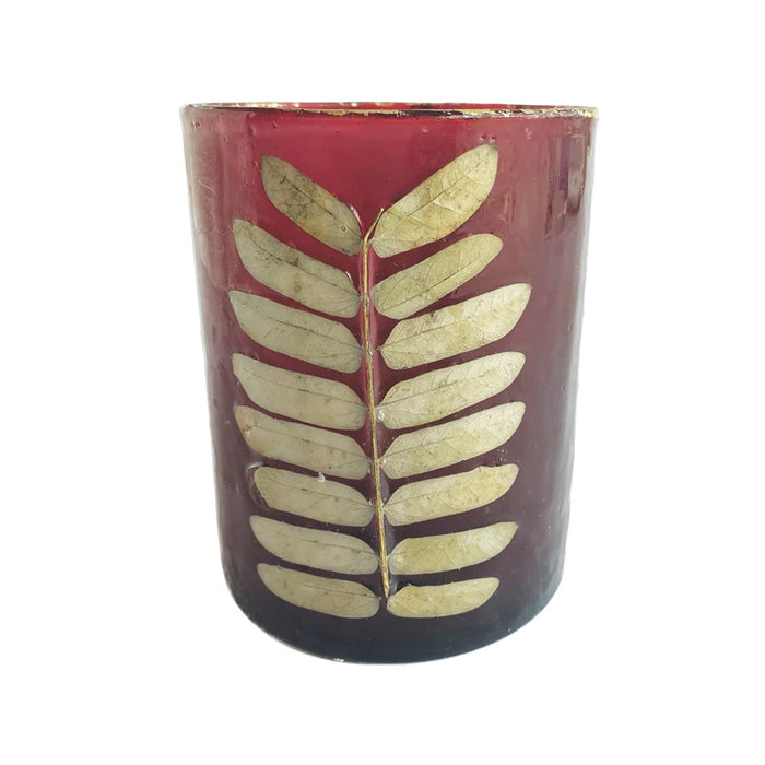 Recycled Glass Votive Holder w/ Embedded Eucalyptus Leaves, Red & Gold Finish