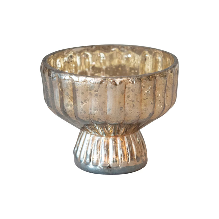 Recycled Mercury Glass Pleated Footed Candle Holder, Antique Silver Finish